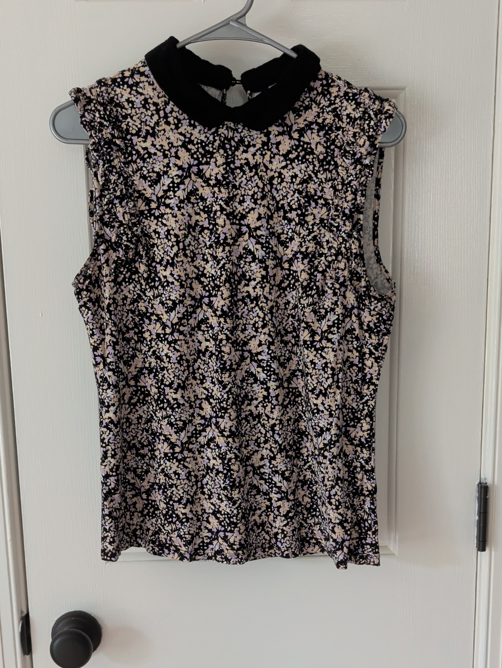 CeCe Floral Peter Pan Collar Sleeveless Top with Ruffle Accents
